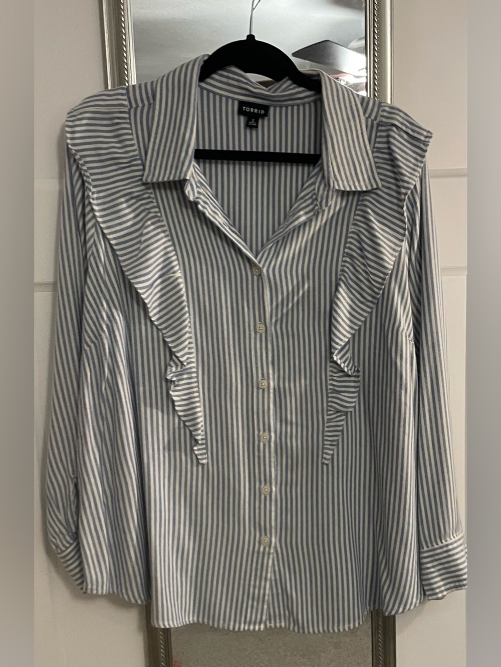 torrid Blue and White Vertical Stripe Ruffle Button-Down Top
